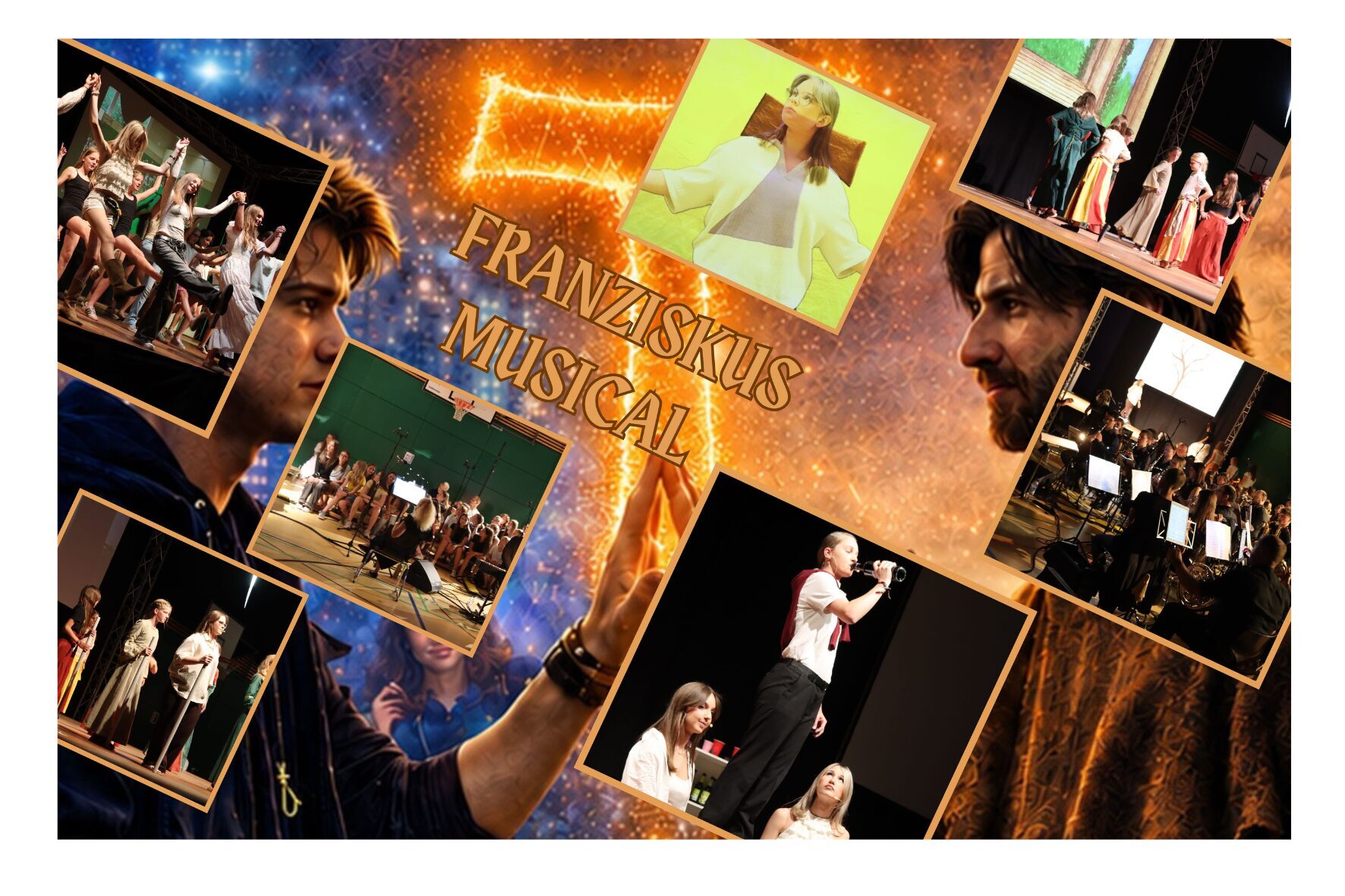 Collage zum Franziskus-Musical mit Bühnenfotos, Marien-Gymnasium Kaufbeuren